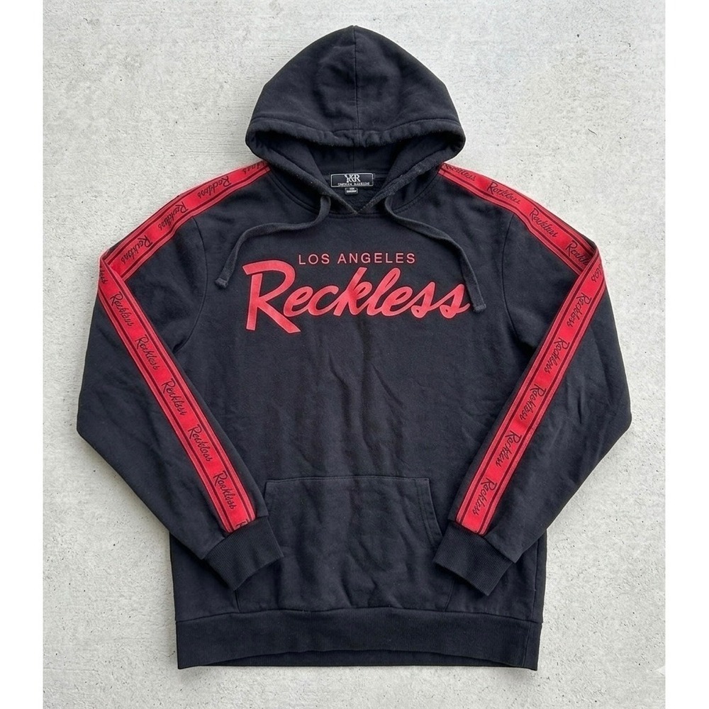 Young & Reckless Los Angeles Script Hoodie Mens XL Black Red Tape Sleeve